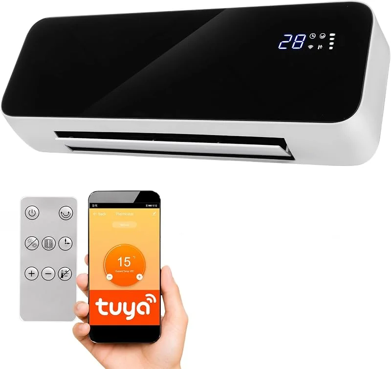 LEHMANN Termoventilatore da Parete, 2 Potenze 1000, 2000 W, Riscaldatore Elettrico con Elemento Riscaldante in Ceramica, Rilevamento Finestra Aperta, Timer, Oscillazione, Controllo App e Telecomando — Riscaldamento