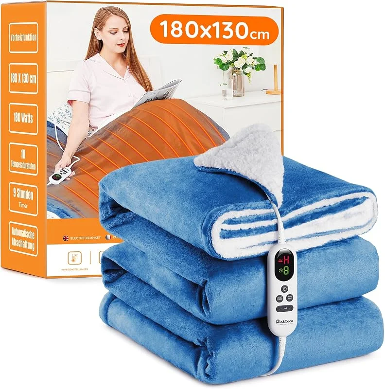 Mia&Coco Coperta Elettrica Termica Riscaldata Riscaldante con Telecomando Digitale, Flanella Sherpa 180x130 cm, 10 livelli e 1~9 ore di spegnimento automatico, Lavabile in Lavatrice, Blu — Riscaldamento