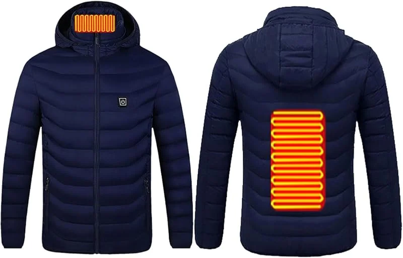 Giacca riscaldata Unisex, Cappotto riscaldato, Cappuccio Staccabile, Impermeabile, Invernale, for Esterni (Senza Batteria)(Bleu, 4XL(67.5-75kg)) — Abbigliamento riscaldato
