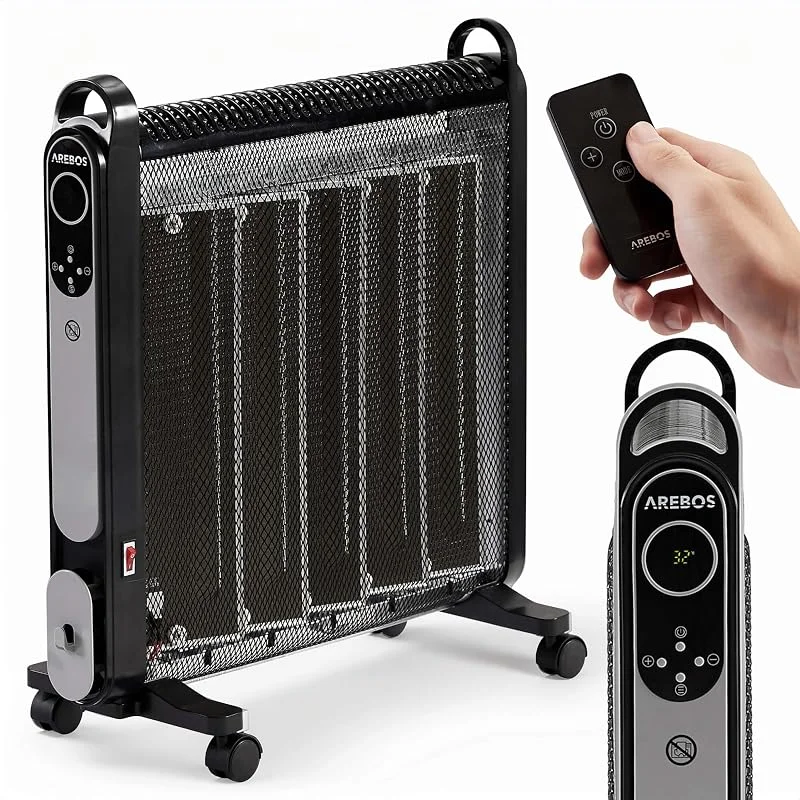 Arebos Convettore Mica 2000 W, 2 livelli di riscaldamento, Termostato regolabile, Sistema di riscaldamento 3D a risparmio energetico, Con telecomando e display digitale, Termoventilatore, Nero