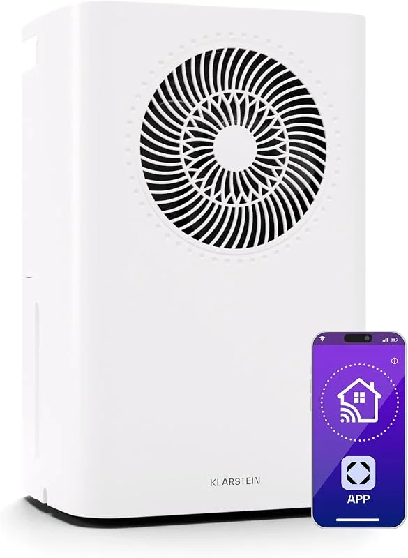 Klarstein CircleDry 16L - Deumidificatore Smart, WiFi, Silenzioso: 38dB, Timer 24h, Drenaggio Continuo, Controllo Umidità, Portatile per Casa, Bagno, Ufficio, Stanze fino a 40m²