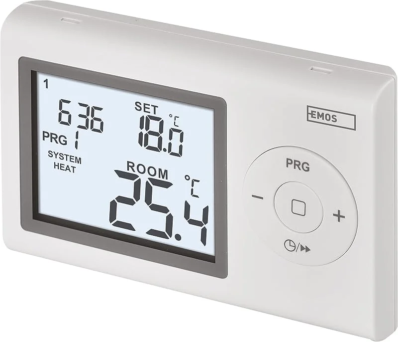 EMOS - termostato digitale da ambiente con display LCD - cablato programmabile - riscaldamento, raffreddamento - intervallo temperatura 5-35 °C - montaggio a vista - antigelo - batteria incl. - bianco