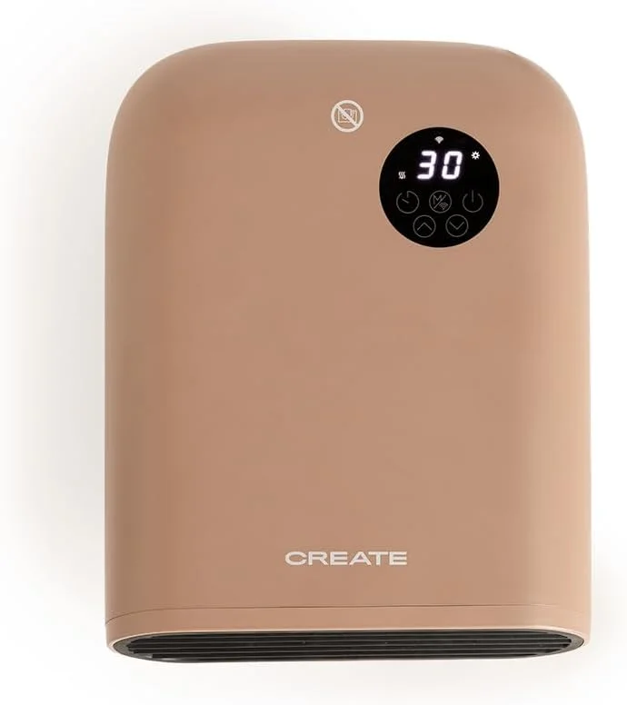 CREATE, Warm WALL, Riscaldamento a parete o pavimento con controllo Wi-Fi mokka, app, fino a 20 m², rilevamento finestra di apertura, protezione antiribaltamento, 3 modalità, display LCD, 2000 W