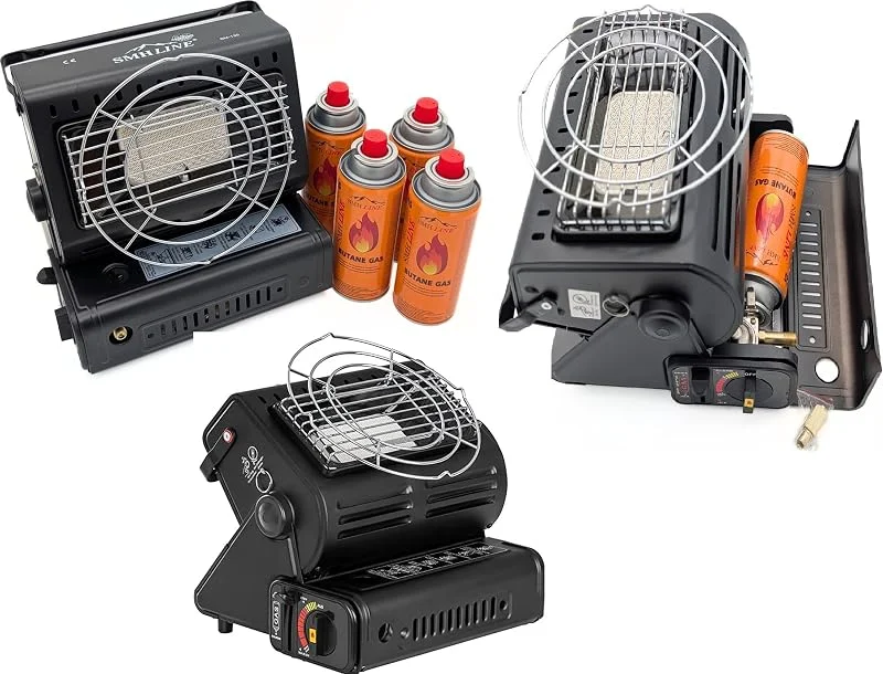 SMHLINE® Stufa a gas portatile 2 in 1, da campeggio, per esterni, per roulotte, 1, 3 KW, fornello + cartuccia a gas butano in ceramica GPL (riscaldamento a gas + 8 cartucce a gas)