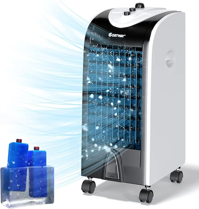 COSTWAY Raffreddatore d'aria evaporativo, ventola di raffreddamento 3 in 1 con 2 scatole di cristallo di ghiaccio, 3 modalità, 3 velocità e serbatoio dell'acqua da 4 l, silenzioso, senza lama — Umidificatore