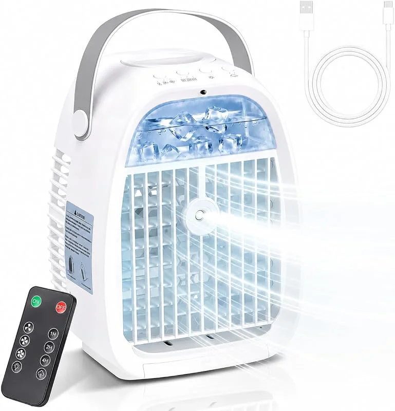 Mini Condizionatore Portatile 1100ML, Raffrescatore d’Aria 4 in 1 con Telecomando, 2 Modalità Nebbia, 3 Velocità, Timer 1-4H, Luce LED 7 Colori, Ventilatore Aria Fredda USB per Camera Ufficio Casa — Umidificatore