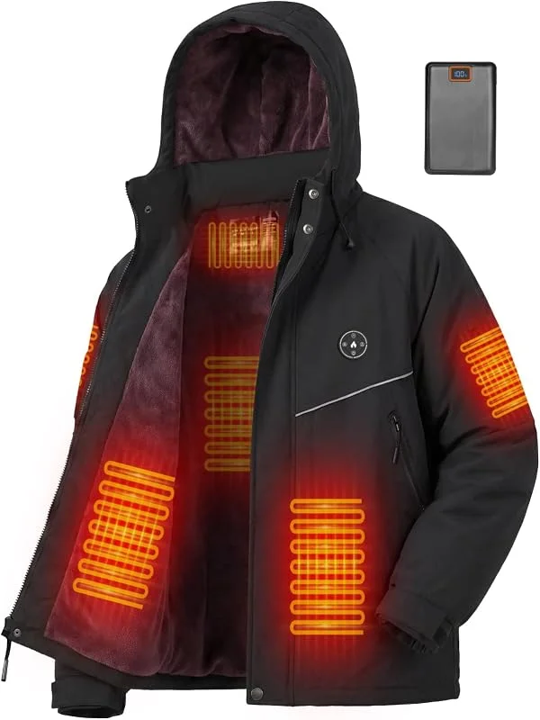 Giacca Riscaldata Uomo con Fodera In Pile E Bracciale, Batteria 20000mah 7.4v, 6 Zone Riscaldanti e 3 Livelli di Temperatura, Giubbotto Invernale Impermeabile Antivento per Sci e Caccia — Abbigliamento riscaldato