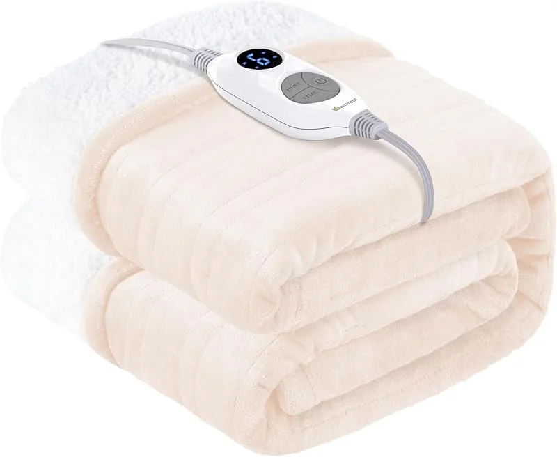 Coperta Elettrica Matrimoniale Flanella Sherpa 130x180cm, 6 Impostazioni di Calore, Da 1 a 10 ore di auto-off, Protezione contro il Surriscaldamento, Lavabile in lavatrice Beige