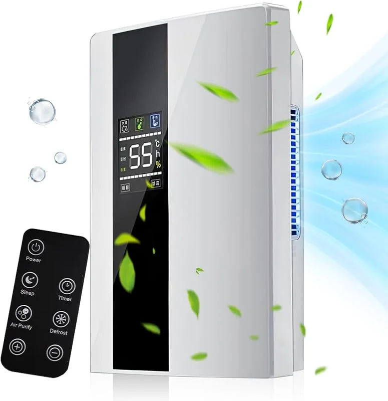 Deumidificatore elettrico, Deumidificatore e purificatore d'aria 2 in 1, silenzioso per la casa - schermo LED, controllo intelligente dell'umidità, timer 24h, telecomando (A)