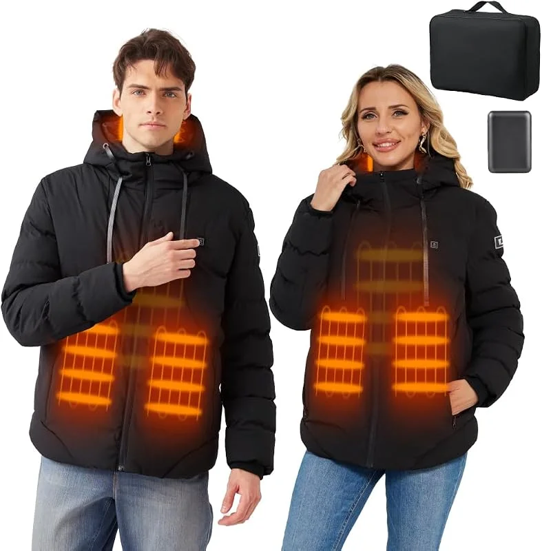 Giubbotto Riscaldato Uomo Donna con Batteria 10000mAh, Giacca Riscaldata con Cappuccio Invernale Calda con 3 Livelli di Riscaldamento, USB Cappotti Impermeabile per Moto, Pesca, Attività all'aperto — Abbigliamento riscaldato