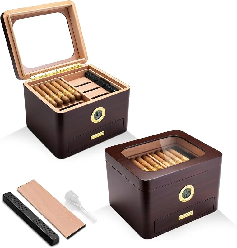 Humidor per sigari e sigari, con igrometro digitale, umidificatore, divisore e accessori per sigari, cassetto, regalo da uomo (marrone scuro)