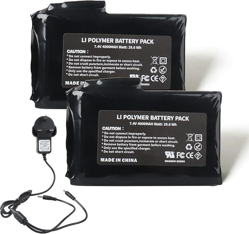 2 batterie ricaricabili ai polimeri di litio da 7, 4 V, 4000 mAh, 29, 6 Wh, con caricabatterie per guanti riscaldati, calzini riscaldati, cappelli riscaldati, passamontagna riscaldati, solette — Abbigliamento riscaldato