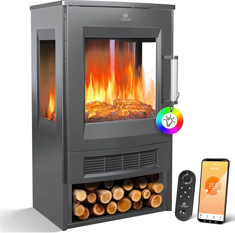 KESSER® Caminetto Elettrico con Riscaldamento, Finestra Panorama, Termoventilatore, 9 Effetti Fiamma LED, Modalità di Colore, Telecomando, App WiFi, 900, 1800W, Focolare Elettrico con Termostato
