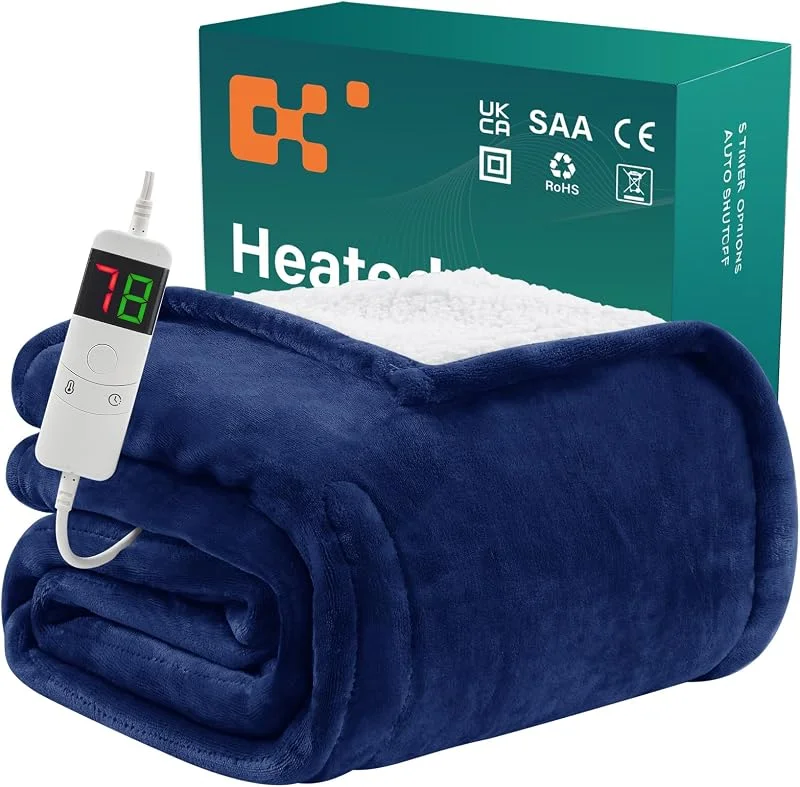 BOMOVA Coperta riscaldata spegnimento automatico, soffice coperta, 10 impostazioni di calore e timer da 5 ore per la casa, regalo per donna, decorazione natalizia per letto, divano, 130x180cm, blu — Riscaldamento
