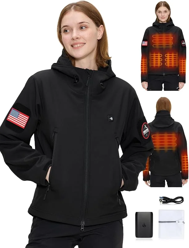 Giacca riscaldata da donna con batteria da 12 V – 5 zone di calore Softshell riscaldata cappotto per escursioni all'aperto e attività ricreative — Abbigliamento riscaldato