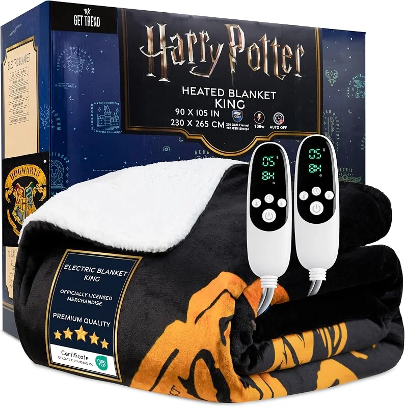 Harry Potter Coperta Elettrica King Size 230x265cm, Plaid Riscaldante, 9 Impostazioni Calore e 12-Ore Timer Spegnimento Automatico (Nero Harry Potter, King EU) — Riscaldamento