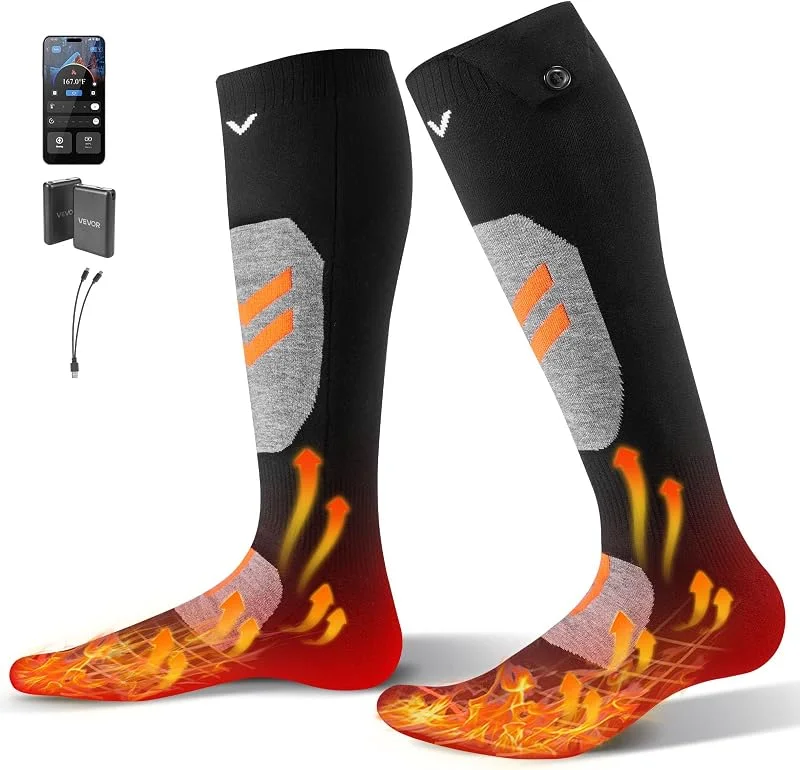 VEVOR Calze riscaldate, batteria 5000 mAh, calze riscaldanti ricaricabili con 4 livelli di riscaldamento, calze riscaldate elettriche con controllo app per uomini e donne, scaldapiedi per caccia — Abbigliamento riscaldato