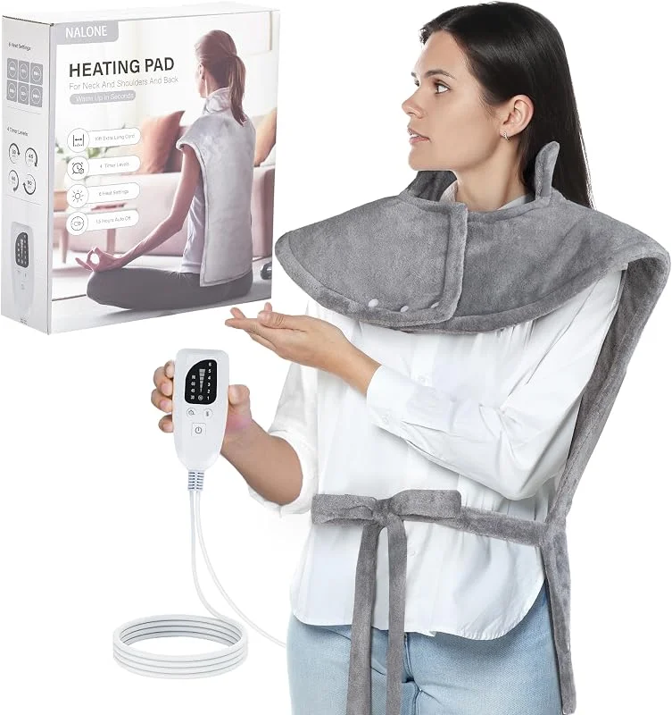 NALONE Termoforo Elettrico per Collo e Spalle 63x100cm, Cuscino Termico con 6 Livelli di Riscaldamento, 4 Timer, Cintura Regolabile, Scaldaschiena in Flanella