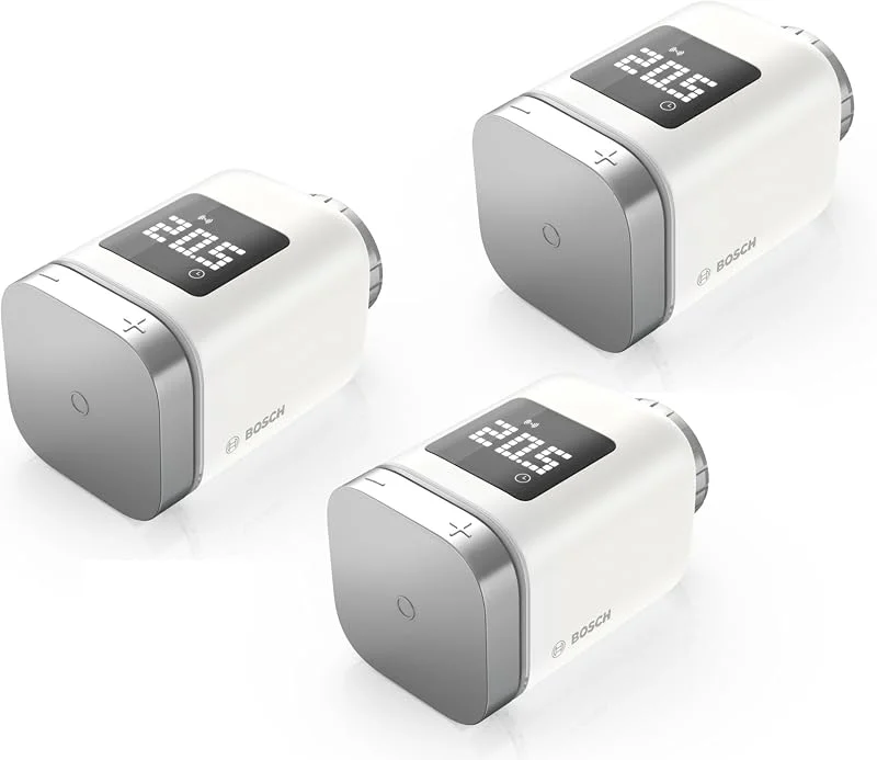 Bosch Smart Home Termostato per radiatore II [+M], termostato intelligente, uso flessibile nel sistema Bosch Smart Home o in sistemi Matter di diversi produttori, set da 3 pezzi — Riscaldamento