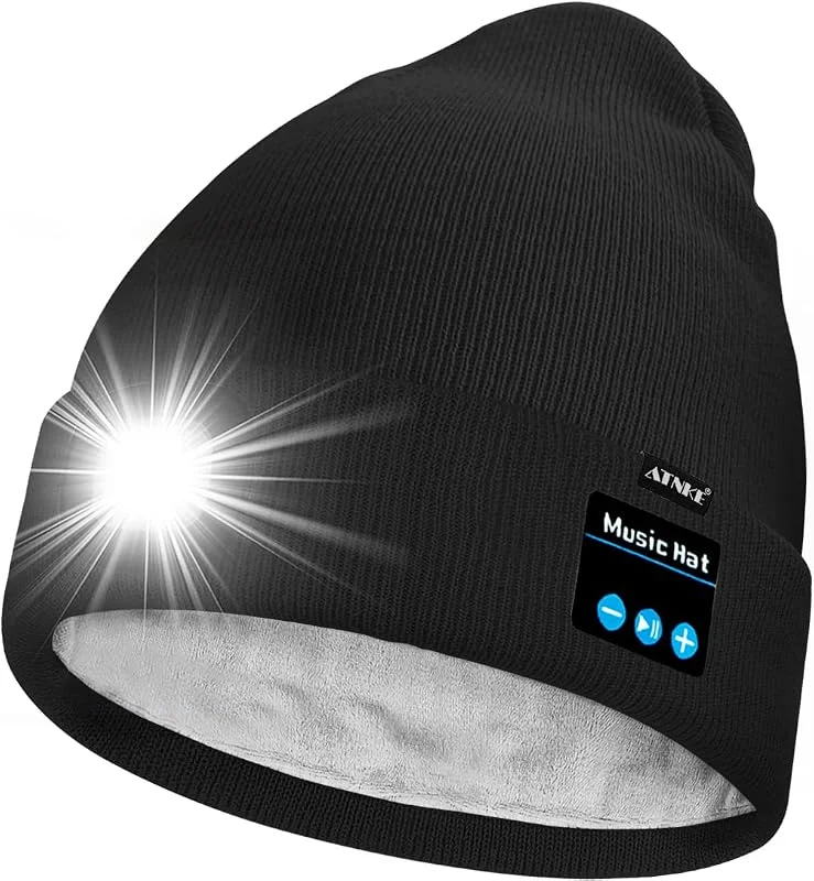 ATNKE Unisex LED Bluetooth Cappello con Luce, USB Ricaricabile 4 LED Musicale Altoparlante Cappello da Corsa Calda Pile Foderato Berretto Lavorato Maglia Regali per Uomo e Donna — Abbigliamento riscaldato