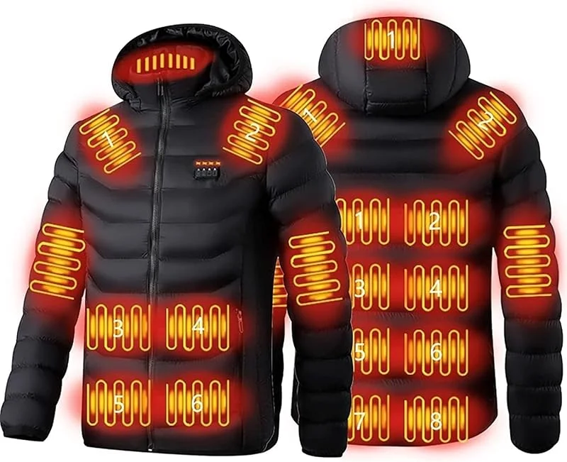 Giacca riscaldata da uomo, donna con cappuccio, cappotto riscaldante elettrico USB 19 zone di riscaldamento, carica USB abbigliamento elettrico caldo, sci invernale pesca — Abbigliamento riscaldato