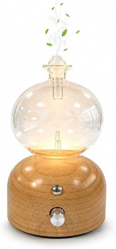 Diffusore di Oli Essenziali, Nebulizzatore Senza Acqua per Aromaterapia in Vetro e Legno Massello Diffusore Ambiente Elettrico Senza Fili per Casa Viaggi Yoga — Umidificatore