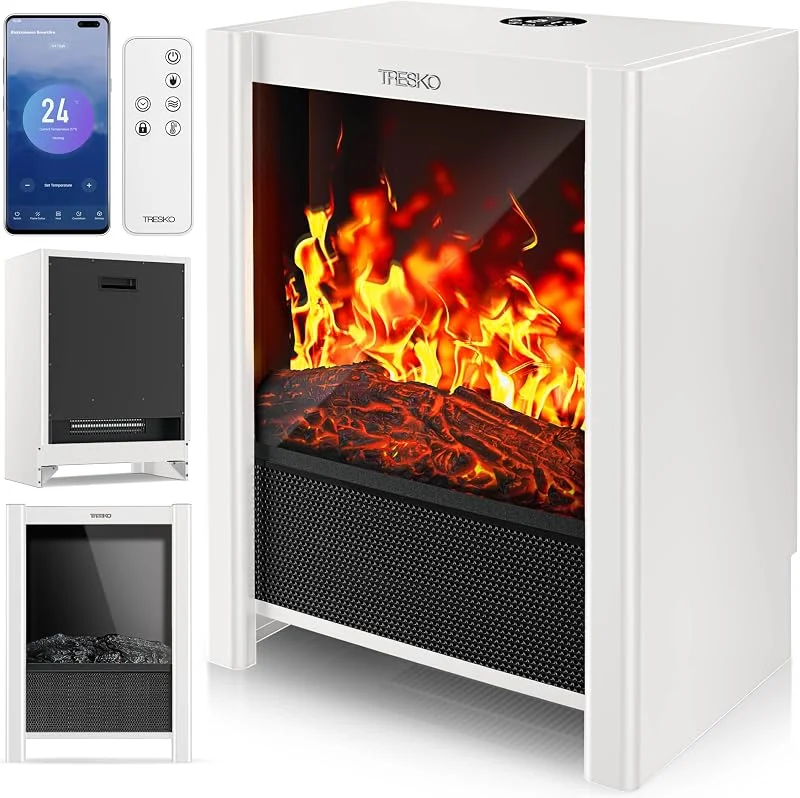 TRESKO® Camino Elettrico SmartFire con Riscaldamento 2000 W, APP WiFi e Telecomando, Camino Elettrico con Effetto fiamma LED e Display LCD, Camino con Termostato, Stufa Elettrica Timer