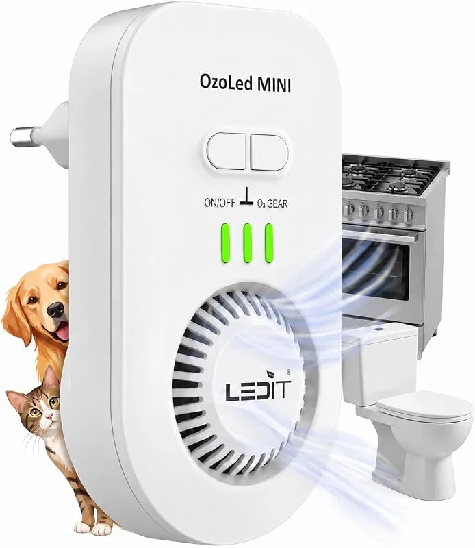 LEDIT MINI Generatore Ozono Purificatore d'Aria Bagno e Cucina, Elimina Odori, 200 mg, h, Ozonizzatore Progettato in Italia, Per Ambienti di Casa Compatti come Camera da Letto e Zona Animali, 1-16 m² — Umidificatore