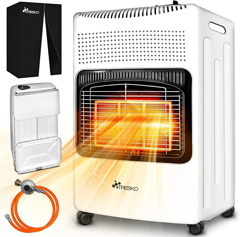 TRESKO Stufa a Gas da 4200 Watt, con regolatore di pressione tubo del gas + copertura, riscaldatore con 3 livelli di Riscaldamento (bianco)