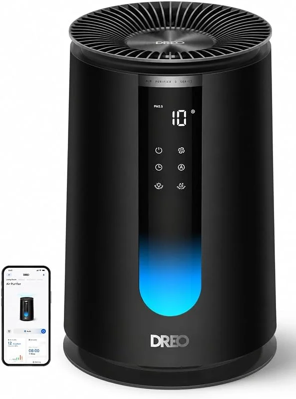 DREO Purificatore Aria Camera 195 m³, h CADR, 338S Puri Ficatore Aria, 3-in-1 HEPA Filtro, 4 Modalità, 4 Velocità, display AQl, Sensore PM2.5, Modalità Auto, Cuscino Aroma, Wi-Fi, Controllo Vocale — Umidificatore