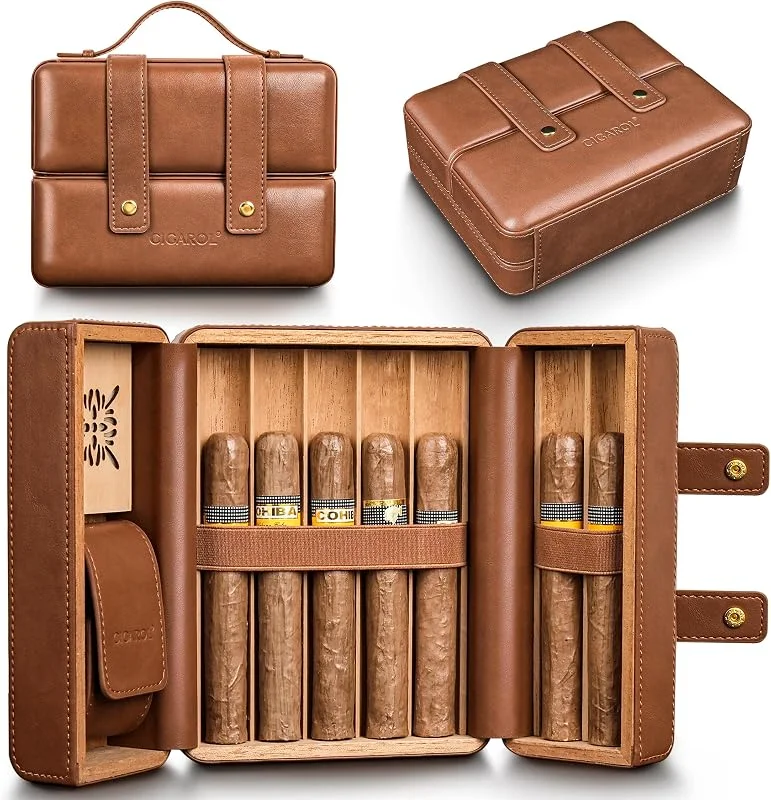Humidor per sigari in pelle, set da viaggio con igrometro e umidificatore, portatile da viaggio, per 6 sigari