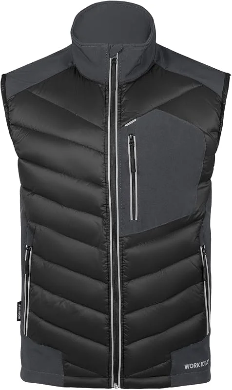WORK IDEA Giacca softshell da uomo, impermeabile, antivento, senza maniche, traspirante, leggera, con tasche per ciclismo, corsa, escursionismo, golf e contesti di lavoro — Abbigliamento riscaldato