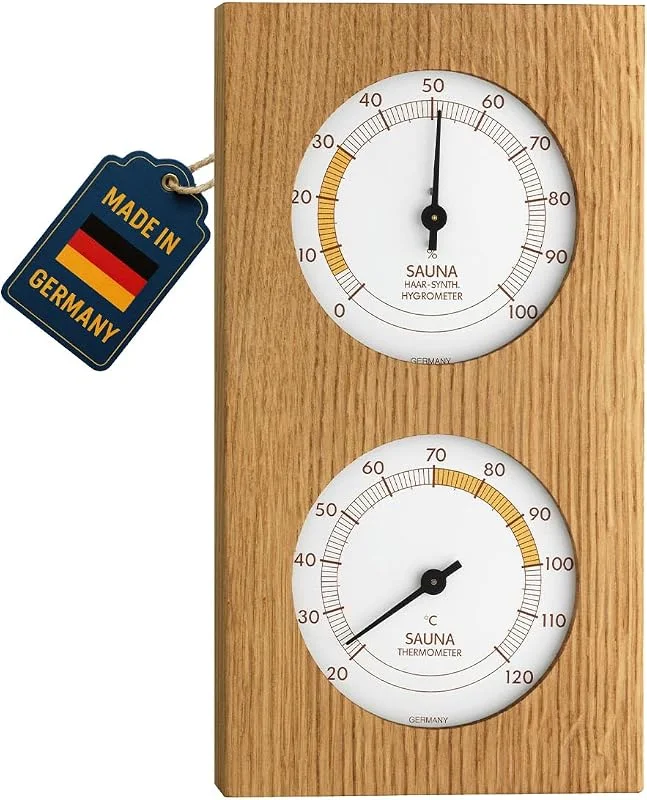 TFA Dostmann Termoigrometro analogico per sauna, 40.1052.01 con telaio in rovere, temperatura, umidità, resistente al calore — Umidificatore