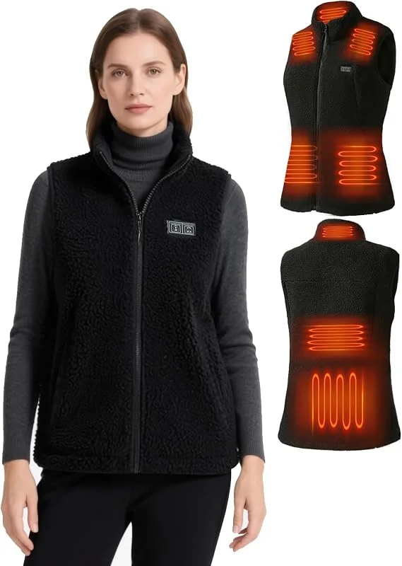 Auxo Gilet riscaldato in pile da donna con batteria inclusa, leggero, invernale, elettrico, 7 zone, 3 impostazioni di calore — Abbigliamento riscaldato