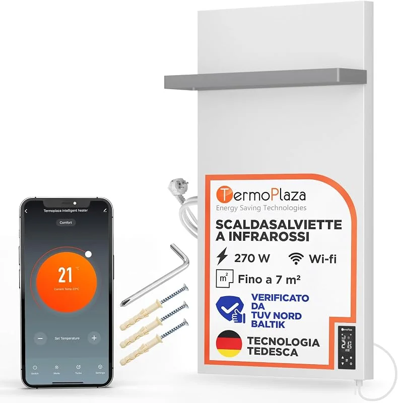 Termoplaza Scaldasalviette Elettrico WiFi Bagno Infrarossi 270 W fino a 7 m² - Pannello Radiante Infrarossi - Termoarredo Elettrico Bagno Basso Consumo - Termosifone Bianco Moderno Verticale — Riscaldamento