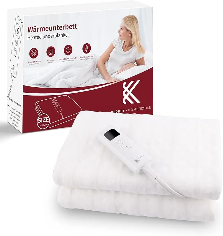 REDKEY Scaldaletto Elettrica Singolo, 150x80 cm Sottocoperta, 7 Temperature, Coperta Termica con Spegnimento Automatico, Termoforo, Lavabile — Riscaldamento