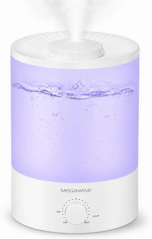 Umidificatore a nebbia fredda MegaWise da 3, 5 l per camera da letto, vaporizzatore d'aria a ultrasuoni da 24 dB con filtro ad acqua per neonati, luce notturna colorata, diffusore di oli essenziali