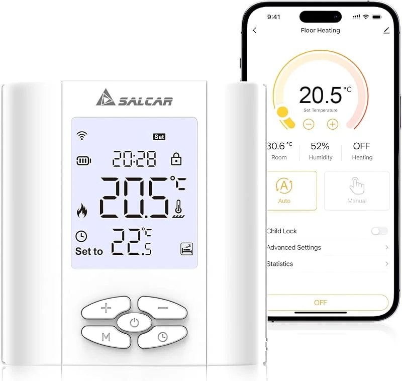 SALCAR Termostato intelligente per riscaldamento Wi-Fi, T5W, programmabile, termostato da parete WiFi con Umidità, compatibile con Alexa e Google