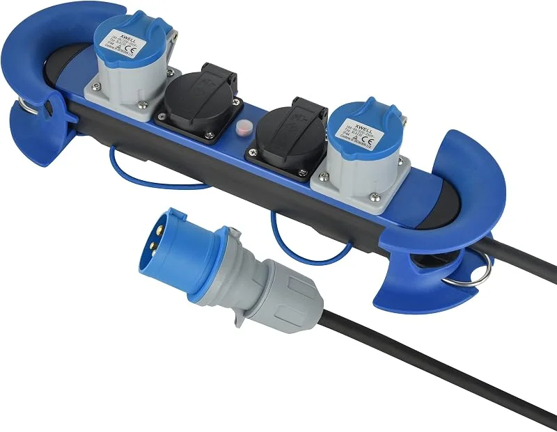 Electraline 62580 Multipresa Camping Outdoor con Spina CEE, 2 Prese CEE + 2 Prese Schuko con tappo IP44, appendibile con 2 Ganci + Elastici Fermacavo, Cavo 5M H07RN-F 3G2.5, Campeggio, Caravan — Riscaldamento