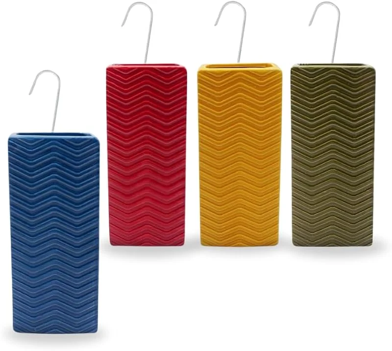 Paluplus Set 4 Evaporatori d'acqua per termosifoni in Ceramica, misura 8x4x18 cm, Umidificatore con motivo RIGHE A ONDE e gancio a forma di S, Colore Rosso, Blu, Giallo e Verde -5732F