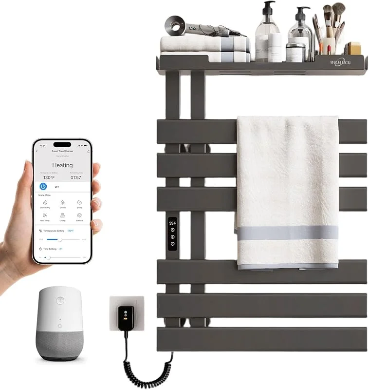 Porta Asciugamani Bagno da Parete Controllo Vocale, Scaldasalviette Elettrico Bagno Smart WiFi, Termoarredo Elettrico Bagno con Timer E Termostato, Termosifone 6 Barre, 197W, Grigio — Riscaldamento
