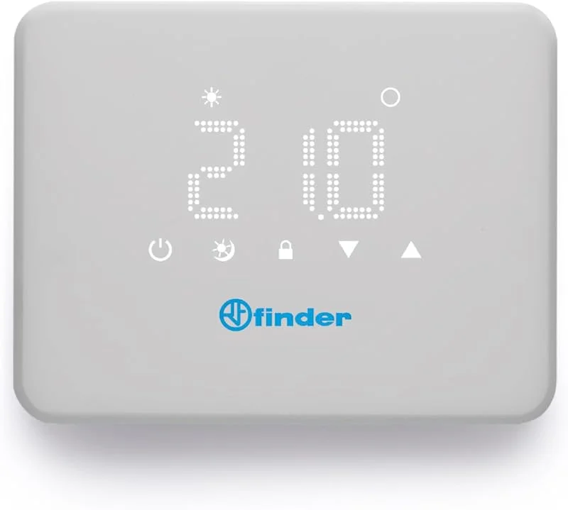 Finder BLISS T Termostato Digitale di Design Tipo 1T.91. Alimentazione a batterie. 2 temperature selezionabili: giorno, notte. Interfaccia semplice e intuitiva. Colore Bianco — Riscaldamento