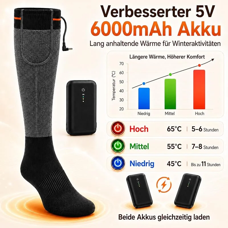 Calzini riscaldanti elettrici da uomo e donna, batteria da 5 V, 6000 mAh, con 3 livelli di calore, riscaldanti per piedi, per inverno, sci, escursionismo, caccia, piedi freddi — Abbigliamento riscaldato