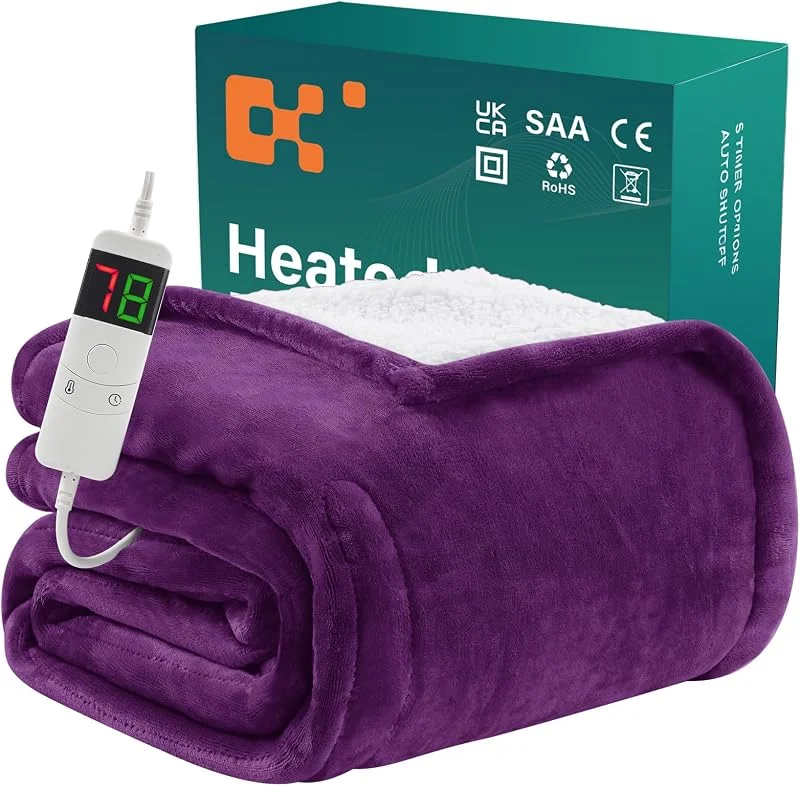 BOMOVA Coperta riscaldata spegnimento automatico, soffice coperta natalizia, 10 impostazioni di calore e timer da 5 ore, regalo per donna, decorazione natalizia per letto, divano, 130x180 cm, viola — Riscaldamento