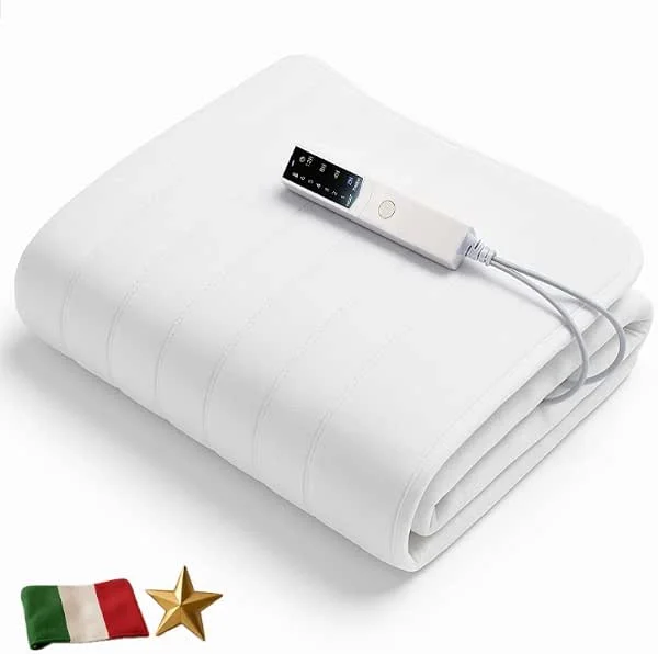 Coprimaterasso Elettrico Scaldaletto 150x75 Bianco Made in Italy, Lavabile, Anallergico, 6 Temperature, 4 Timer, Lato Comando Personalizzabile — Riscaldamento