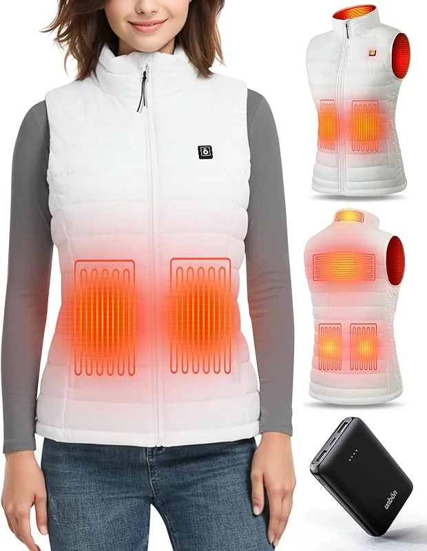 UNBON Gilet Riscaldato Donna, Giubbotto Riscaldato Donna con Batteria USB 10000mAh, Giacca Riscaldata con 3 Temperatura 6 Zone di Calore, Gilet Giubbotto Termico Riscaldante Invernale, Bianco, L — Abbigliamento riscaldato