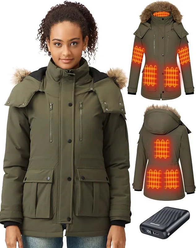 Giacca Riscaldata Donna Con Batteria 12v 18400mah, 8 zone di riscaldamento, Parka lungo da donna caldo e impermeabile con cappuccio in pelliccia sintetica rimovibile — Abbigliamento riscaldato