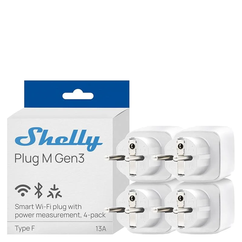Shelly Plug M Gen3 Bianco - Presa Intelligente Wi-Fi & Matter (Tipo F), Misurazione Consumi, 13A, 3000W, Nessun Hub Richiesto, Timer, Riscaldamento, Luci, Alexa, Google Home, Apple HomeKit (4 Pezzi)