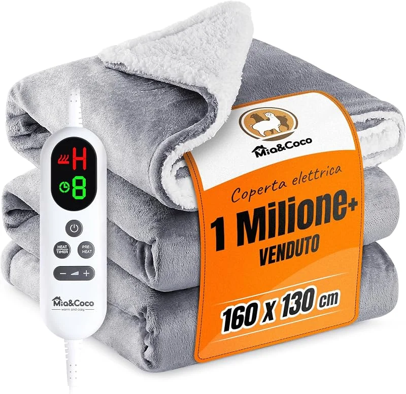 Mia&Coco Coperta elettrica spegnimento automatico 130x160 cm, 10 impostazioni di riscaldamento, timer di spegnimento automatico fino a 9 ore, coperta elettrica riscaldante, flanella, grigio