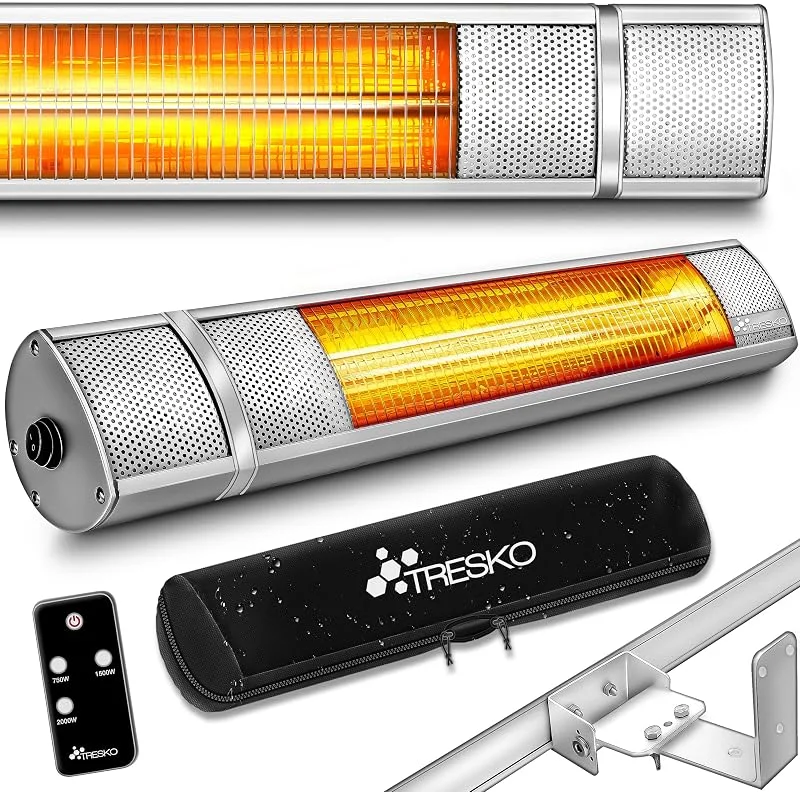TRESKO Stufa a Infrarossi 2000W con Telecomando, Riscaldatore Elettrico Patio con 3 Livelli di Calore, Riscaldatore Patio Interno & Esterno, Riscaldatore a Parete Riscaldatore al Quarzo (Argento) — Riscaldamento